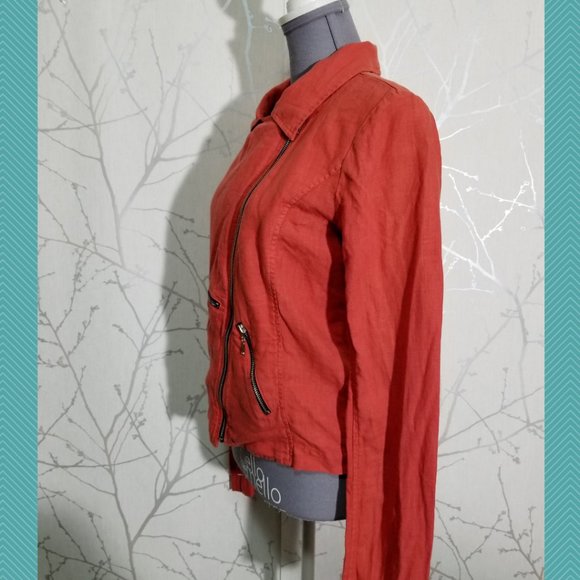 Fluxus Orange Linen Double Breasted Moto Jacket w/ Exposed Zippers - Picture 2 of 4